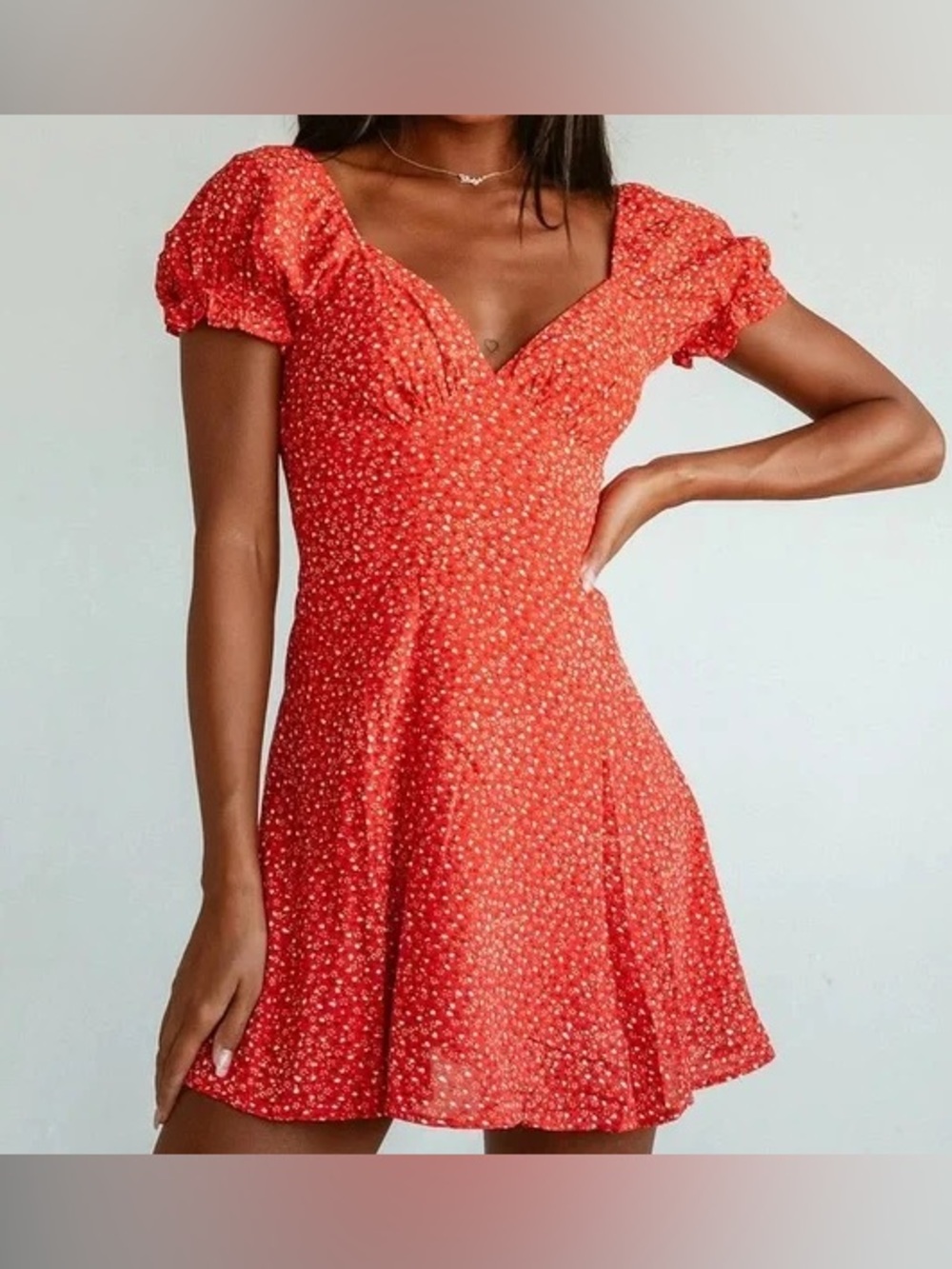 PRINCESS POLLY Red & White Floral Mini Dress with Puff Sleeves